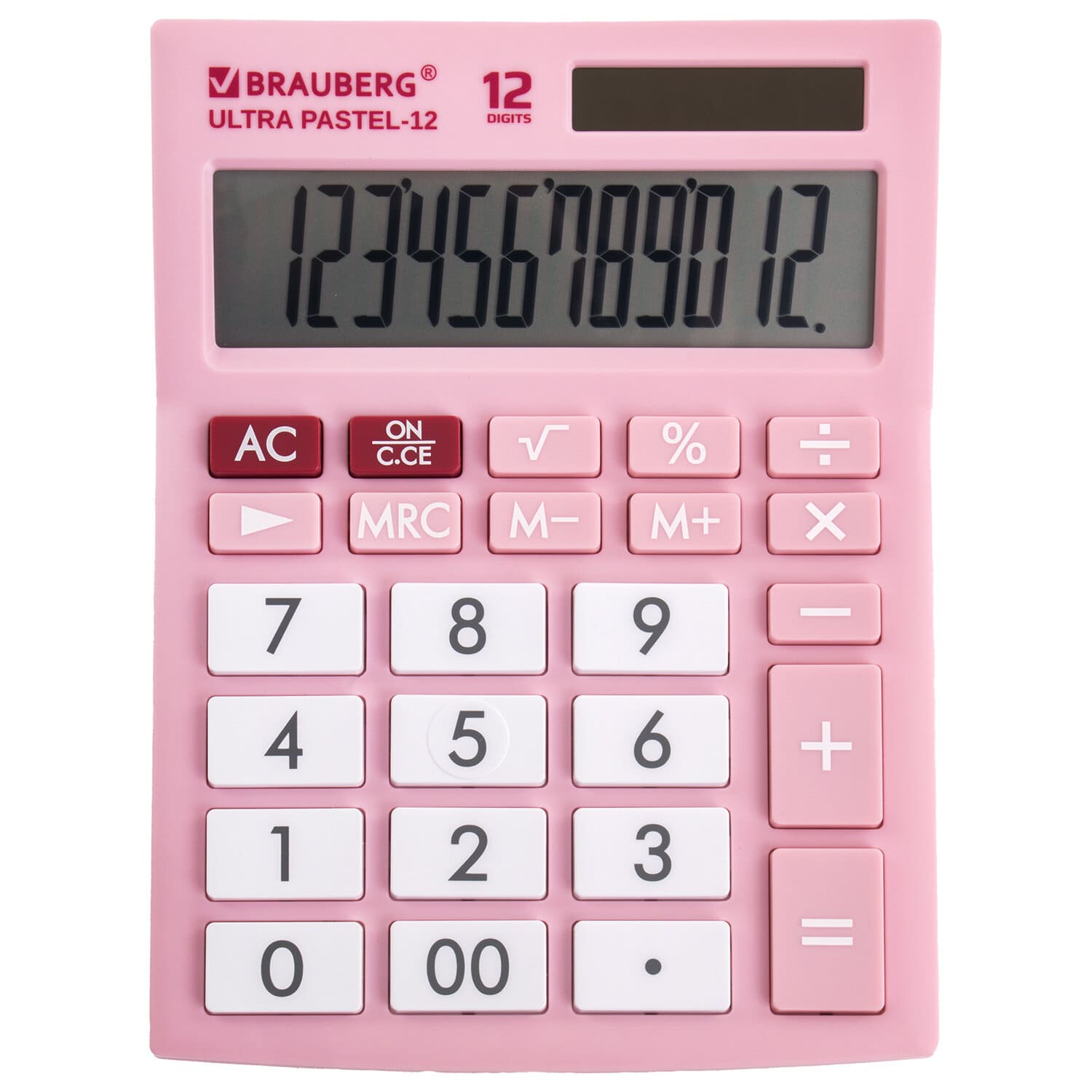 Калькулятор настольный BRAUBERG ULTRA PASTEL-12-PK, 12 разрядов, двойное питание, РОЗОВЫЙ, 250503