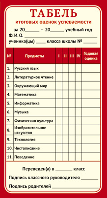 Табель итоговых оценок успеваемости,(20шт/уп) ШМ-011990